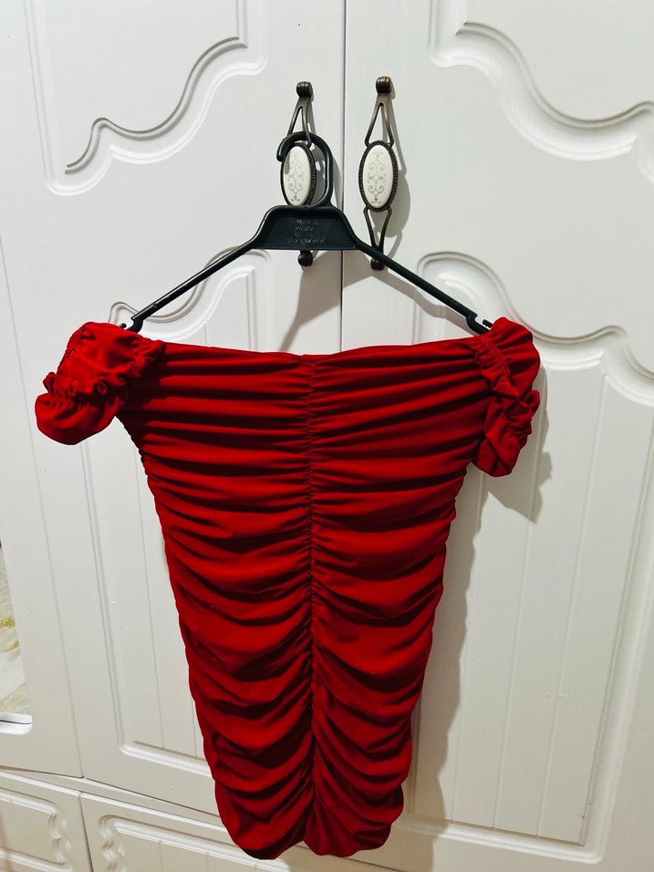 Kırmızı Straplez Drapeli Mini Elbise - Görsel 2