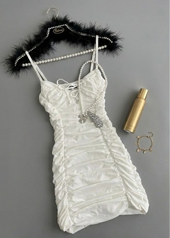 İnce Askılı Beyaz Midi Abiye Elbise - Görsel 2