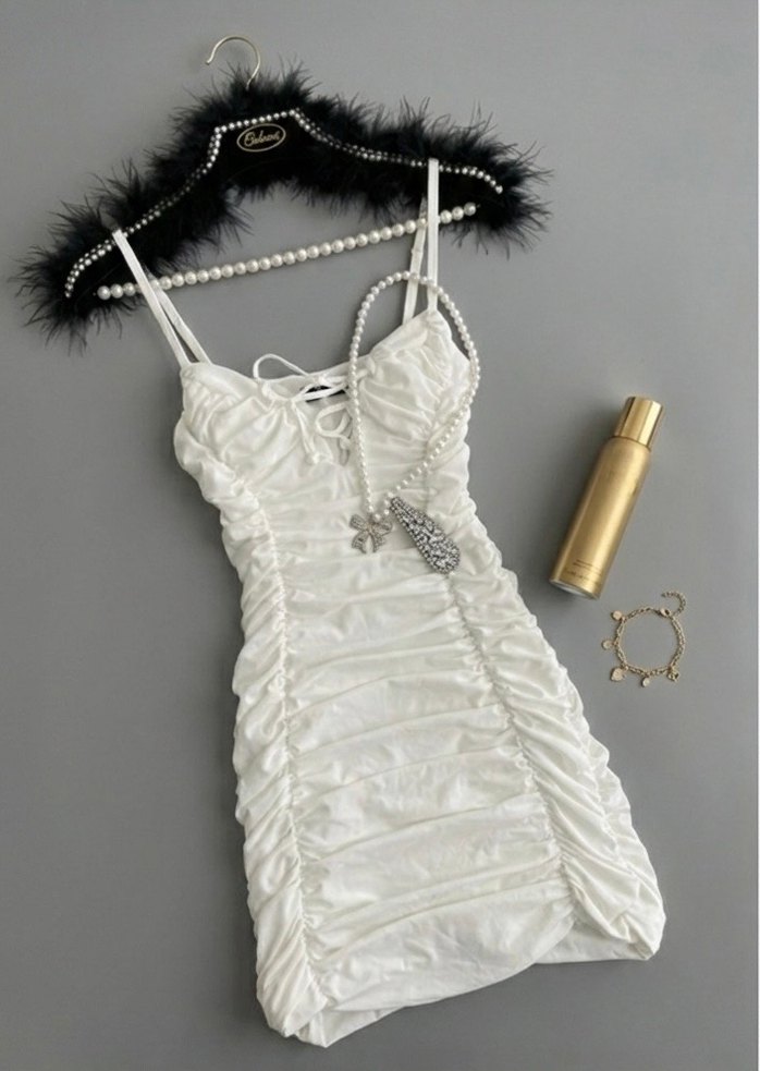 İnce Askılı Beyaz Midi Abiye Elbise - Görsel 2