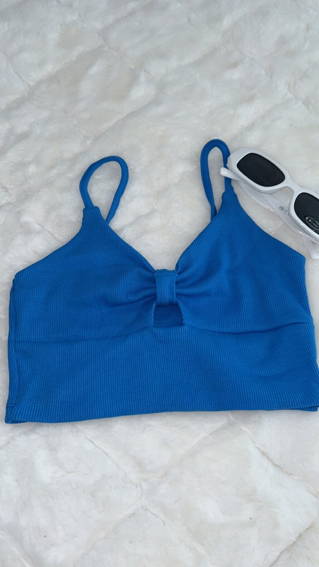 Mavi Askılı V Yaka Denim Crop Top - Görsel 2