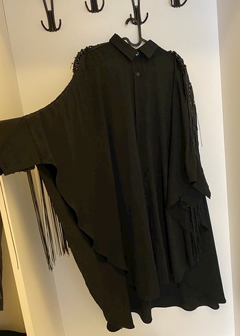 Püsküllü Siyah Uzun Kollu Tunik panço - Görsel 3
