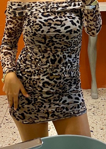 Leopar Desenli Uzun Kollu Mini Elbise - Görsel 2