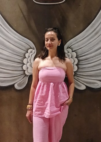 Pembe Straplez  takım keten kumaş - Görsel 5