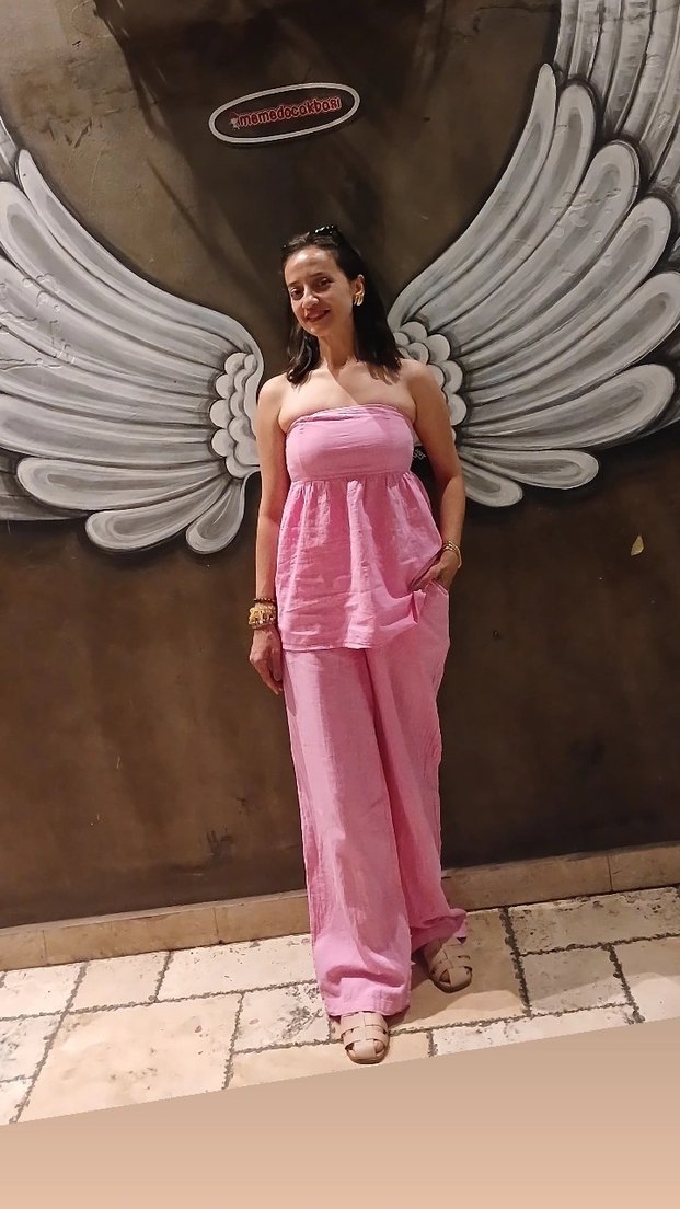 Pembe Straplez  takım keten kumaş - Görsel 2