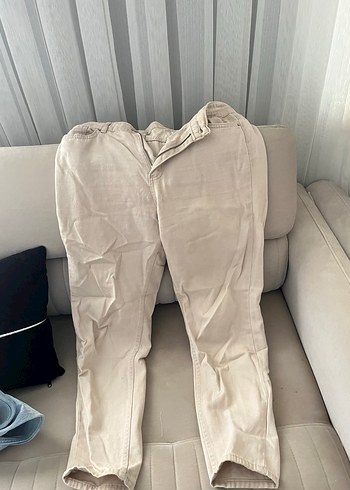 Düğmeli Bej Keten Kadın Pantolon