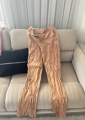 Bej Pilili Rahat Kesim Keten Kadın Pantolon