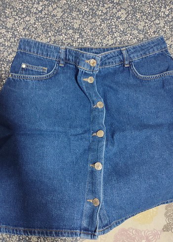 Düğmeli Mavi Denim Mini Etek