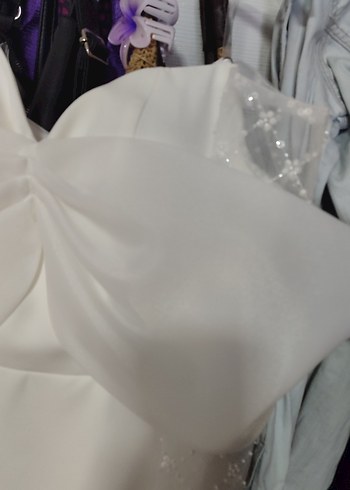 Uzun Kollu Straplez Beyaz Düz Abiye, Gelinlik - Görsel 4