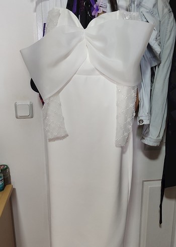 Uzun Kollu Straplez Beyaz Düz Abiye, Gelinlik - Görsel 3