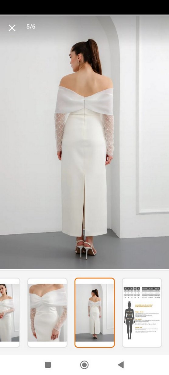 Uzun Kollu Straplez Beyaz Düz Abiye, Gelinlik - Görsel 2