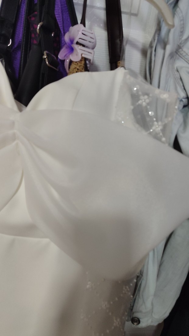 Uzun Kollu Straplez Beyaz Düz Abiye, Gelinlik - Görsel 4