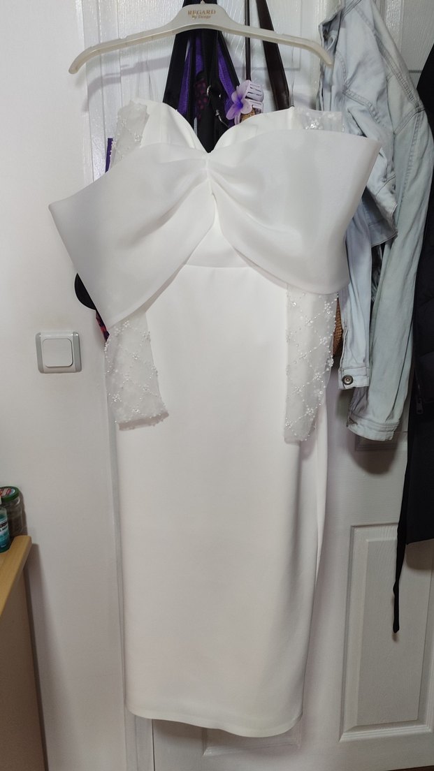 Uzun Kollu Straplez Beyaz Düz Abiye, Gelinlik - Görsel 3