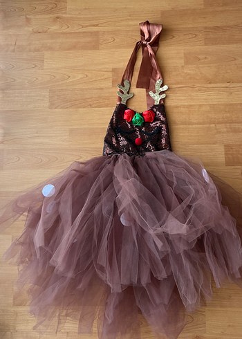 Kız Çocuk Kahverengi Askılı Nakışlı Elbise - Görsel 2