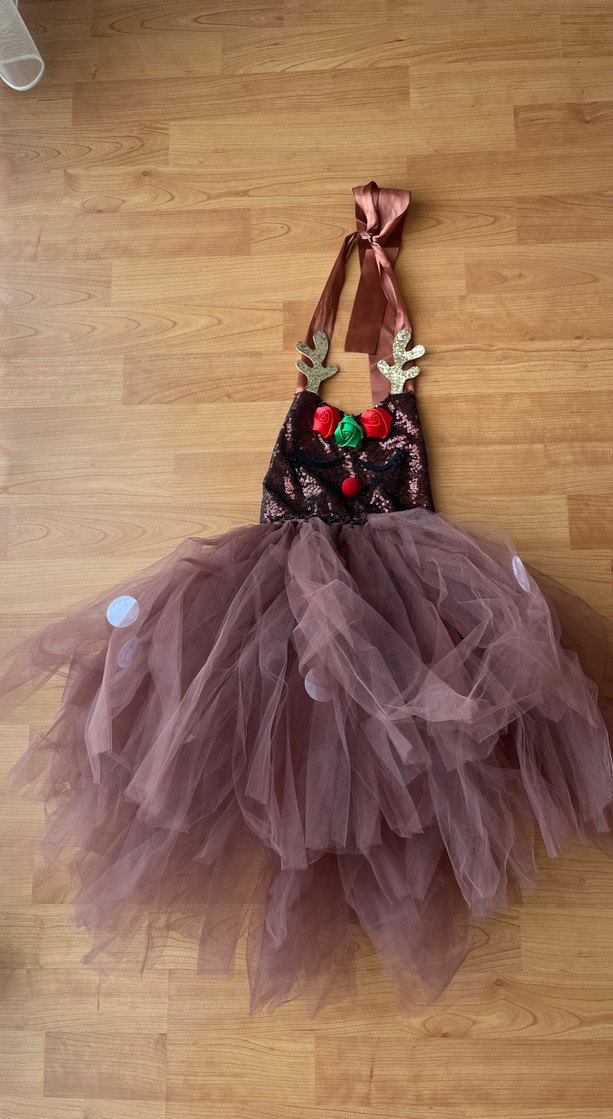 Kız Çocuk Kahverengi Askılı Nakışlı Elbise - Görsel 2