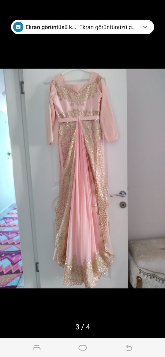 Pembe Nakışlı Uzun Kollu Abiye Elbise satilik - Görsel 3