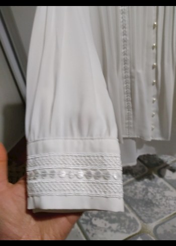 Kadın Beyaz Pamuklu sifon V Yaka Uzun Kollu Gömlek - Görsel 3