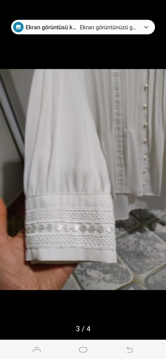 Kadın Beyaz Pamuklu sifon V Yaka Uzun Kollu Gömlek - Görsel 3