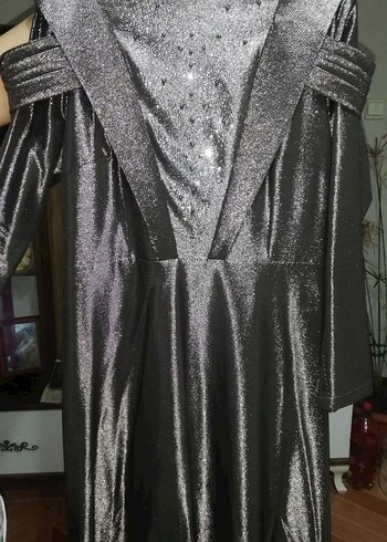 Uzun Gri Drapeli Yüksek Yakalı Kadın abiye satilik - Görsel 4