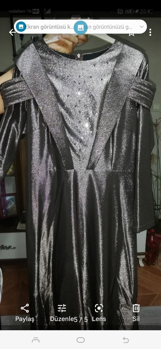 Uzun Gri Drapeli Yüksek Yakalı Kadın abiye satilik - Görsel 4