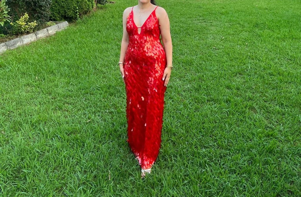 Kırmızı Drapeli Uzun Kadın Abiye Elbise - Görsel 3