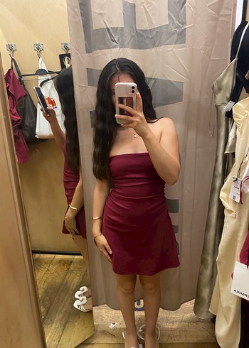 Bershka Etiketli Bordo Straplez Midi Elbise