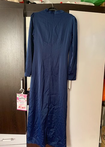 Uzun Kol Drapeli Lacivert Tesettür Abiye Elbise - Görsel 8