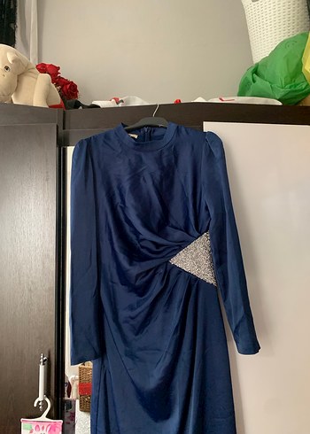 Uzun Kol Drapeli Lacivert Tesettür Abiye Elbise - Görsel 2