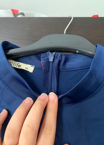 Uzun Kol Drapeli Lacivert Tesettür Abiye Elbise - Görsel 7