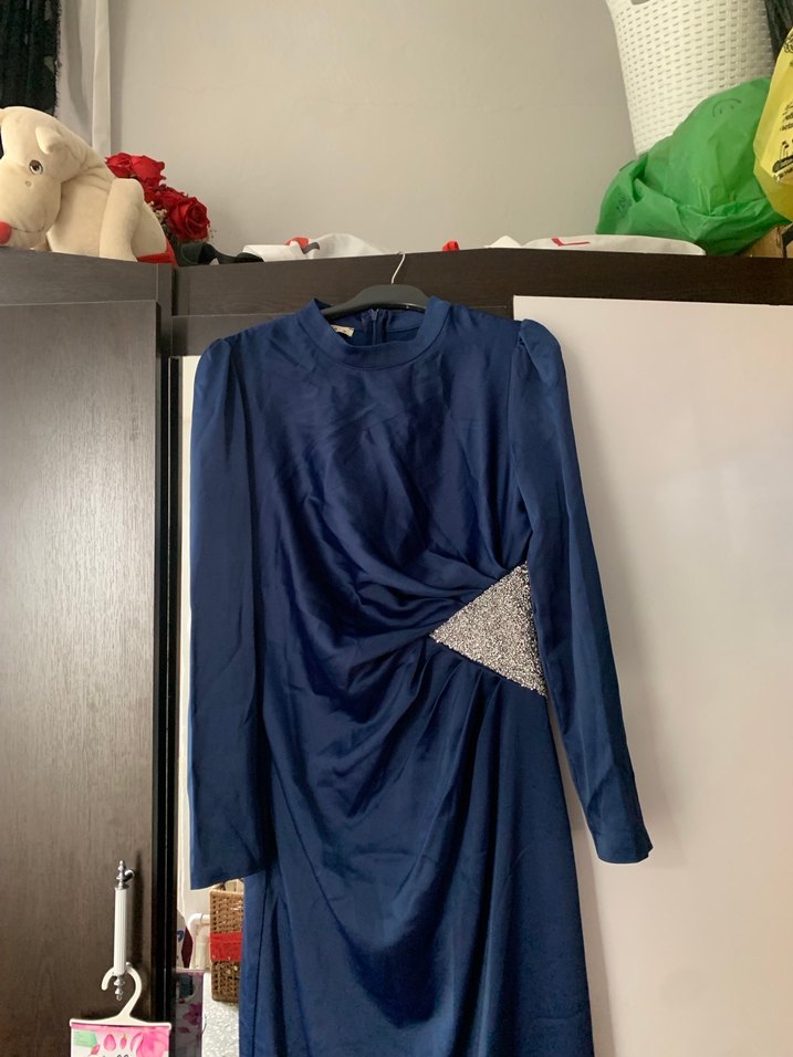 Uzun Kol Drapeli Lacivert Tesettür Abiye Elbise - Görsel 2