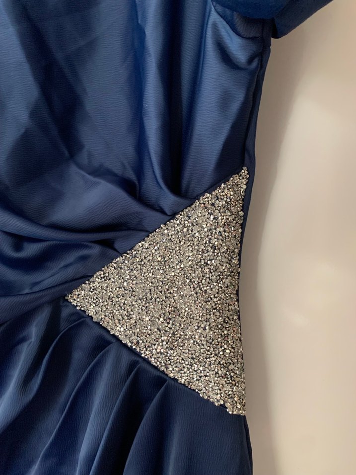 Uzun Kol Drapeli Lacivert Tesettür Abiye Elbise - Görsel 4