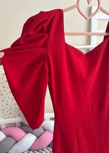 Kırmızı V Yaka Uzun Drapeli Elbise - Görsel 2
