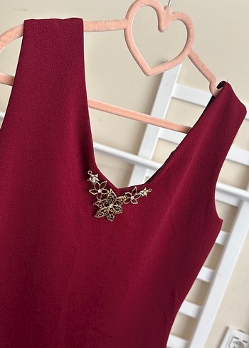 Bordo Midi V Yakalı Payetli Kadın Elbise - Görsel 2