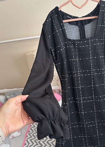 Siyah Gri Kareli Uzun Kollu Midi Elbise - Görsel 2