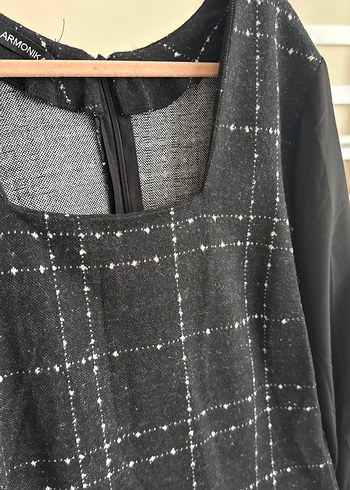 Siyah Gri Kareli Uzun Kollu Midi Elbise - Görsel 3