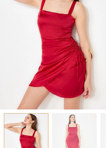 xs Beden Kırmızı Saten Mini Drapeli Elbise