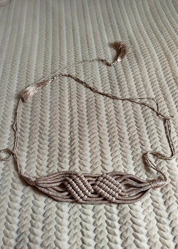 Püsküllü Bej Örgü Kadın Kemer - Görsel 3