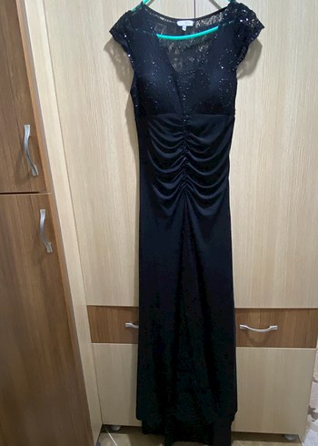 Drapeli Siyah Uzun Abiye Elbise - Görsel 2