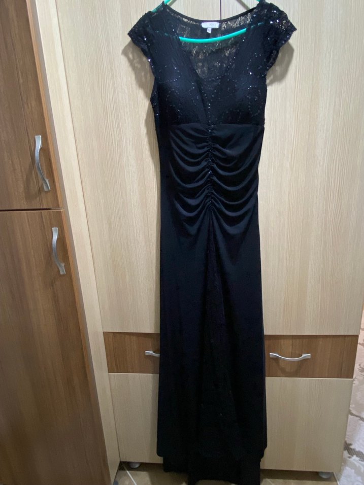 Drapeli Siyah Uzun Abiye Elbise - Görsel 2