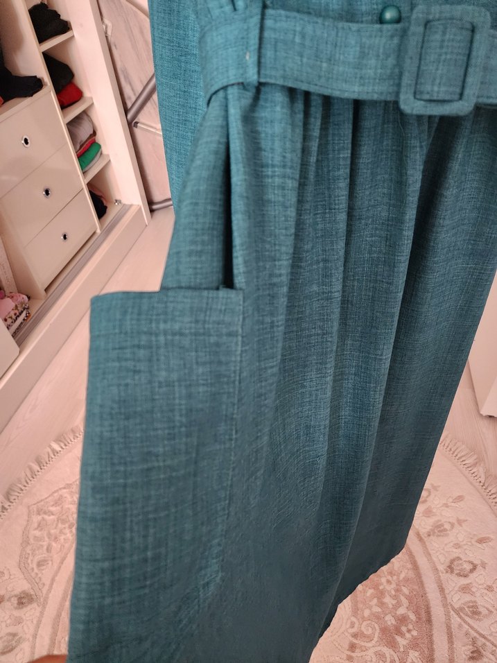 Kemerli Turkuaz Kadın Uzun Elbise - Görsel 3