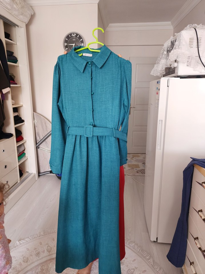 Kemerli Turkuaz Kadın Uzun Elbise - Görsel 2