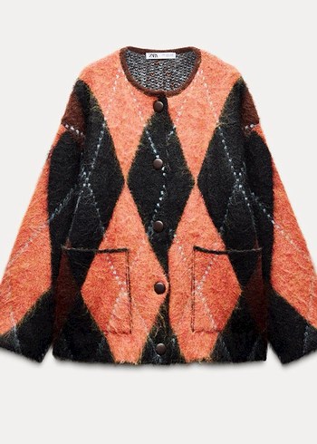 Zara Kahverengi Tüylü Batik Desenli Mini Hırka