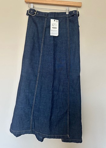 s Beden Lacivert Bağcıklı Uzun Denim Etek