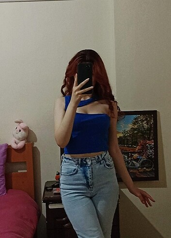 s Beden Tek omuz halter yaka dekolteli crop top