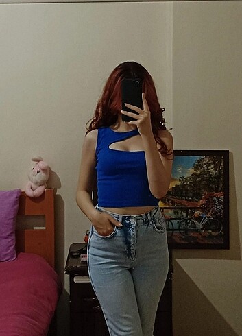 s Beden mavi Renk Tek omuz halter yaka dekolteli crop top
