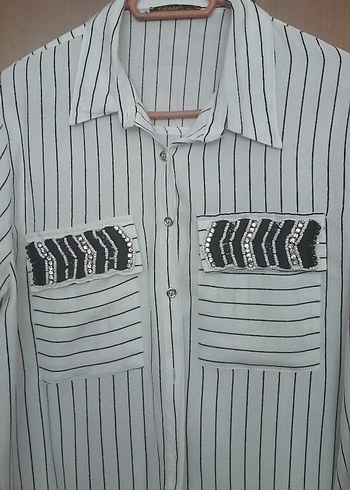 Bohem Nakışlı Uzun Kollu siya Beyaz Gömlek - Görsel 2