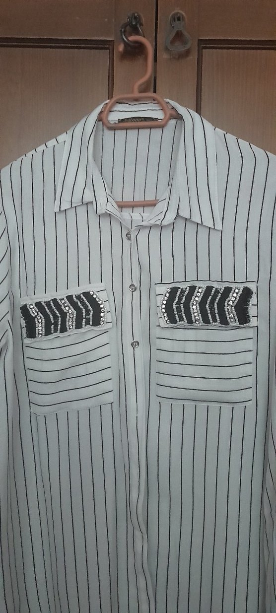 Bohem Nakışlı Uzun Kollu siya Beyaz Gömlek - Görsel 2