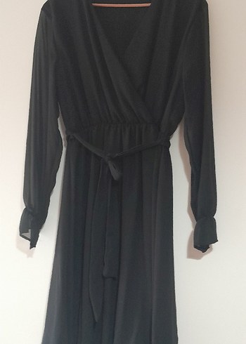 Siyah şifon Uzun Drapeli Kadın Elbise - Görsel 2