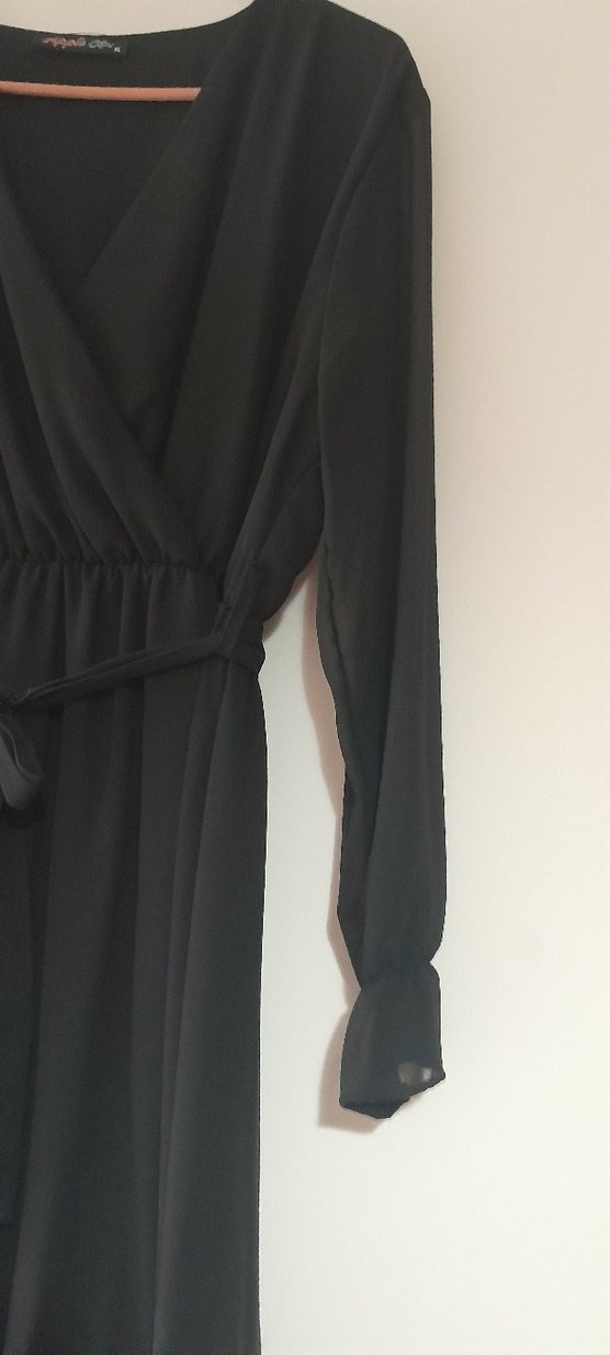 Siyah şifon Uzun Drapeli Kadın Elbise - Görsel 3