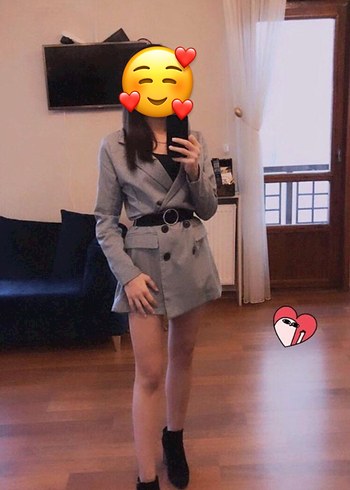 Stradivarius Gri Ekose Desenli Ceket Elbise - Görsel 4