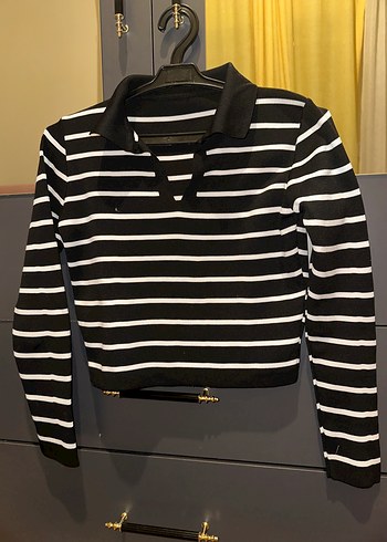 Düğmeli Siyah Beyaz Çizgili Kadın Kazak - Görsel 2